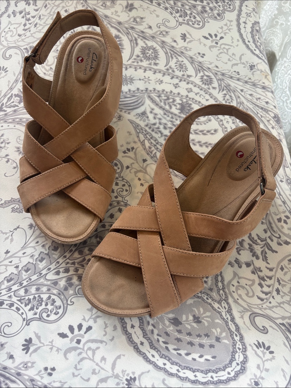 Clarks Tan Crisscross Wedge Sandals